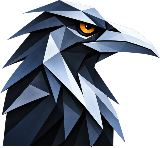 Edgewise: a faceted raven head with an amber eye